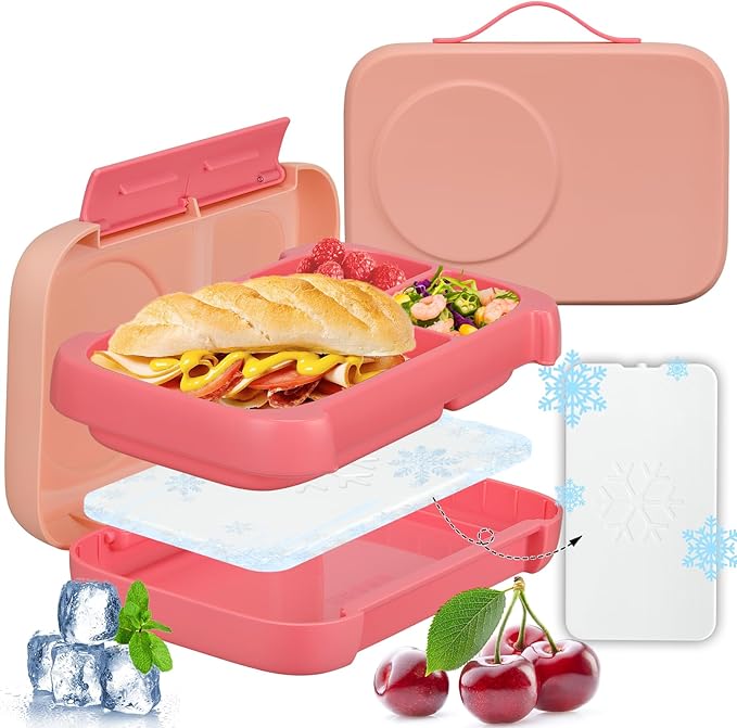 Bento Box for Kids,Kids Bento Lunch Box with Built-in Ice Pack for School,3 Compartments Leak Proof Lunch Container with Utensils for Girl Boy;BPA Free,Microwave & Dishwasher Safe, 44oz(Pink)