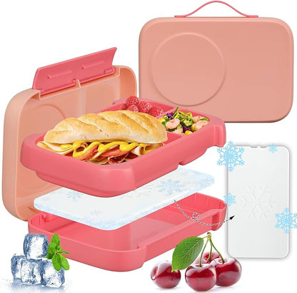Bento Box for Kids,Kids Bento Lunch Box with Built-in Ice Pack for School,3 Compartments Leak Proof Lunch Container with Utensils for Girl Boy;BPA Free,Microwave & Dishwasher Safe, 44oz(Pink)