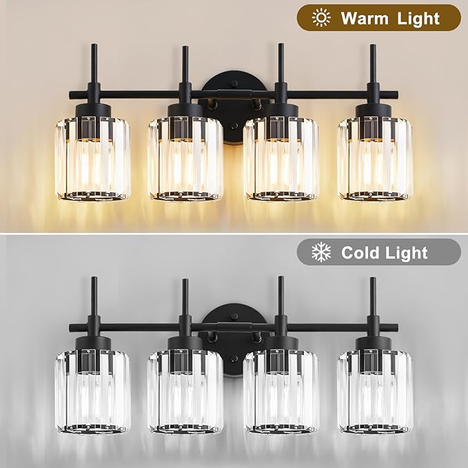 EJIAXIN 4 Light Round Crystal Vanity Lights, Modern Black Crystal Wall Light