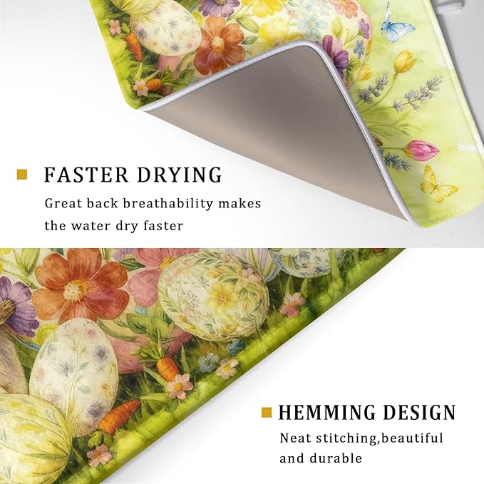 Easter Egg Dish Drying Mat 18x24 Inch Bunny Floral Green Drying Pad
