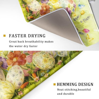 Easter Egg Dish Drying Mat 18x24 Inch Bunny Floral Green Drying Pad