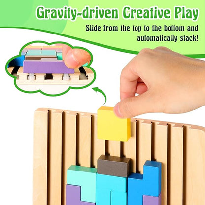 Wooden Stacking Puzzle Toy, Montessori Brain Blocks Toys, 3D Brain Teaser Puzzles for Kids Adults, Indoor Recess Games Classroom for Toddlers Ages 3-5 6-8, STEM Educational Logic Game