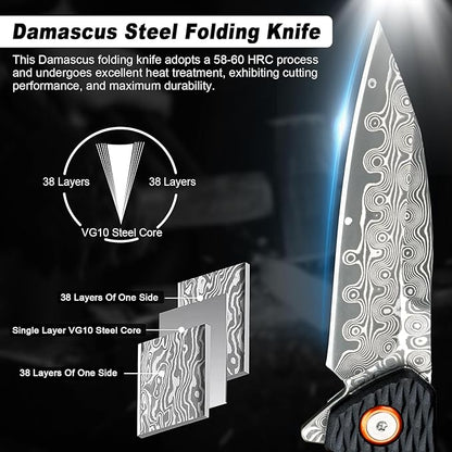 Damascus Folding Knife, 3.03" Damascus Steel Blade Pocket Knives with Clip, Black Aluminum Handles, Camping Folding Knife for Hunting Fishing Hiking Outdoor