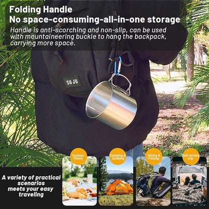 Stainless Camping Cup, 350ml Stainless Steel Camping Cup with Lid and Foldable Handle, High Temperature Direct Heating, Great for Backpacking