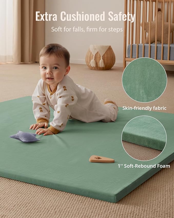 Blissful Diary Ultra Soft Baby Play Mat, 50x50 Floor Mat with Removable & Washable Slip-On Cover for Babies and Toddlers Infants, Sage Green