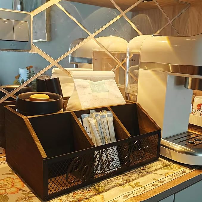 Coffee Station Organizer, Rustic Countertop Coffee Bar Accessories, 4