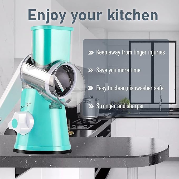 KEOUKE Rotary Cheese Grater Hand Crank Light Blue - Shredder Slicer Grinder 3 Stainless Steel Blades, Stable Suction, Labor-Saving Handle, Safe Kitchen Tool for Cheese, Vegetable, Nuts, Chocolate