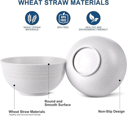HOTEC Unbreakable Wheat Straw Cereal Bowls - Microwave & Dishwasher Safe Soup and Salad Bowls BPA Free, Set of 8, 26oz, White