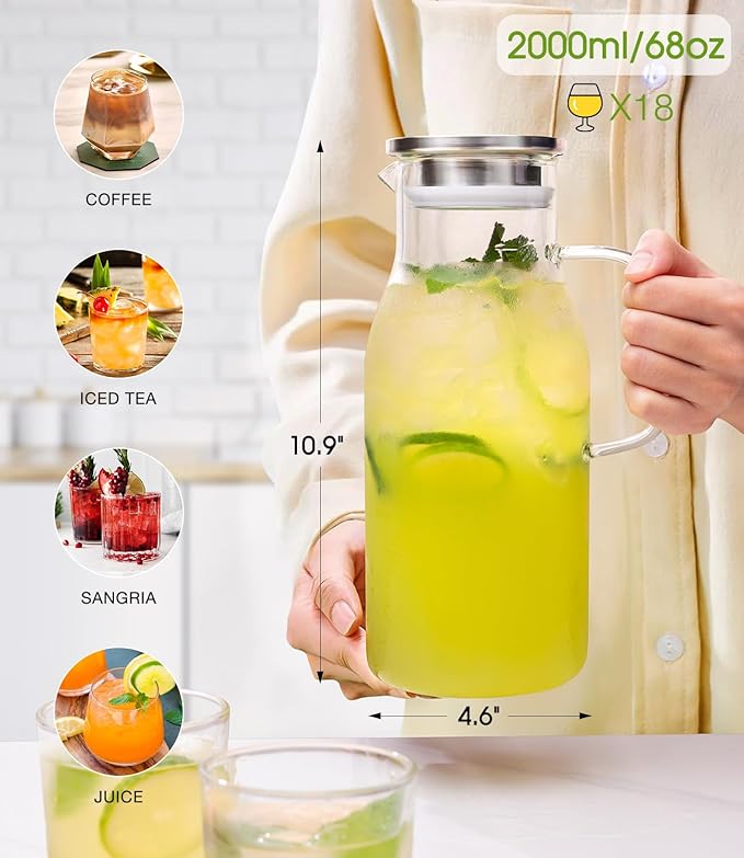 LUNA&MANTHA Glass Pitcher, 2 Liter 68oz Water Pitcher