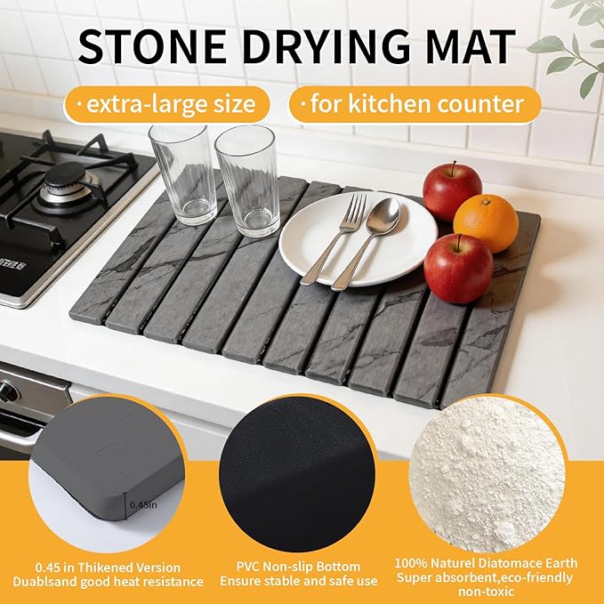 Stone Dish Drying Mat for Kitchen Counter, Foldable Water Absorbing