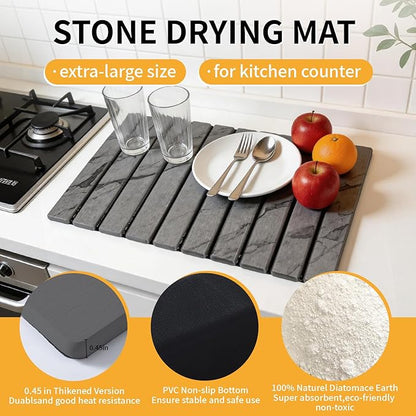 Stone Dish Drying Mat for Kitchen Counter, Foldable Water Absorbing