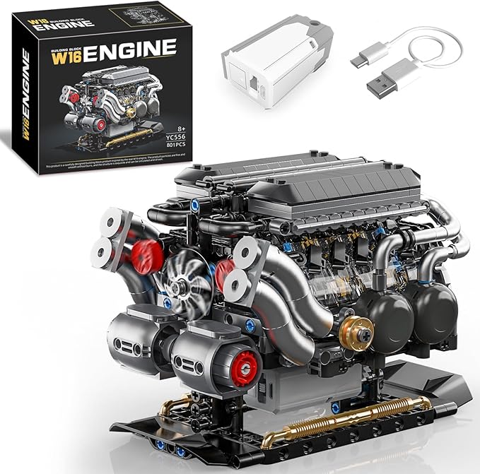 W16 Engine Building Blocks Set for Adults, STEM Mini 16-Cylinder Engine Model Kit That Runs, Compatible with Lego Car, DIY Physical Science Experiment Toy for Teens Kids Boys (801 PCS)