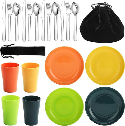 Evanda Camping Cutlery Set, Reusable Light Weight Mug, Plate and Stainless Steel Cutlery Set with Black Bag, Dishwasher Safe