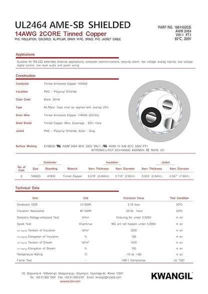 KWANGIL 2C 14AWG AMESB Shielded Cable Wire