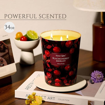 HomeLights Soy Wax Candles for Home Scented, 3-Wick Candles in Blackcherry Merlot Scented, Aromatherapy Candles Gift for Parties, Relaxing, Eclectic Mixed Styles, 34oz