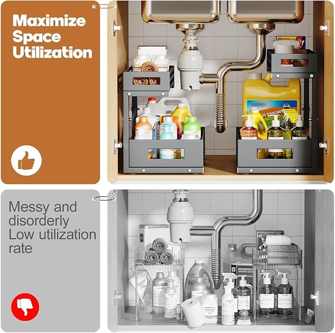 2-Pack Under Sink Organizers and Storage, 2-Tier L Shape Pull Out Cabinet