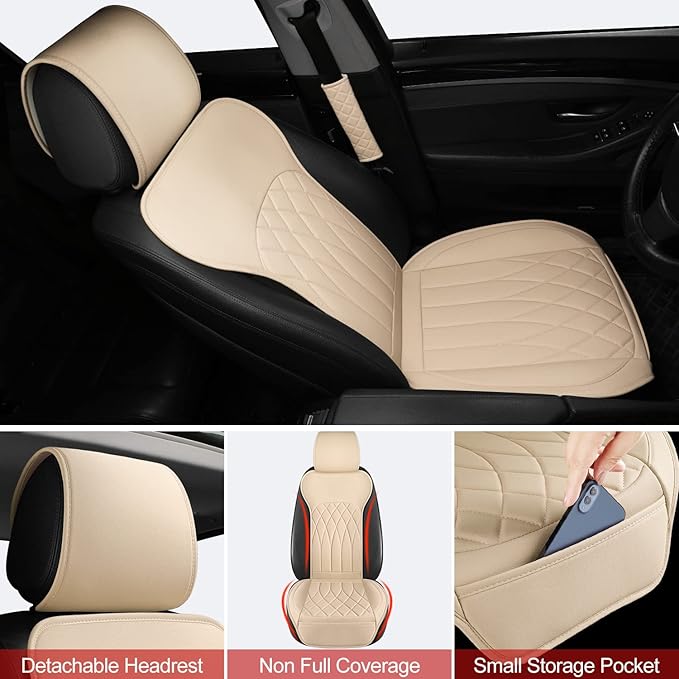 2 Pack Leather Front Car Seat Covers, Universal Sideless Car Seat Protectors with Storage Pocket and Seat Belt Pads, Waterproof Automotive Seat Cover for Cars Trucks SUV(Yellow Beige)