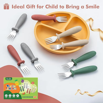 DRKIO 8 Pieces Toddler Forks Set - Baby Forks with Silicone Handle Children safe 18/8 Stainless Steel Toddler Utensils Set for Self Feeding Kids Silverware Anti-Choke Design Food Grade Dishwasher Safe