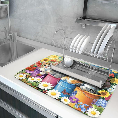 Lovely Cat Drying Mat for Kitchen Counter Colorful Flower Absorbent Coffee Bar