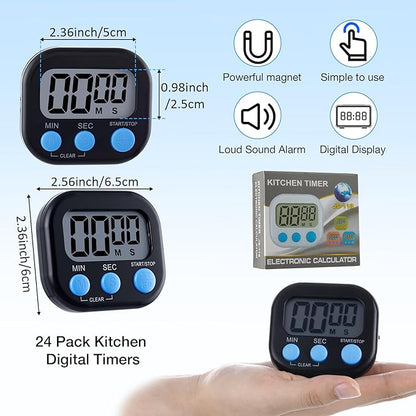 Leumoi 24 Pcs Digital Kitchen Timers Magnetic Back Timers Bulk Large Screen