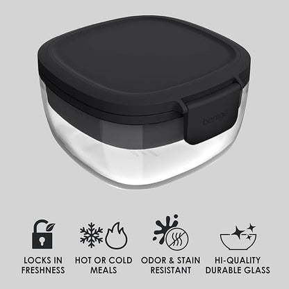Bentgo Glass All-in-One Salad Container - Large 61-oz Salad Bowl with Lid, 4-Compartment Bento-Style Tray, 3-oz Sauce Container, and Reusable Fork - Dishwasher, Microwave, and Oven Safe (Black Onyx)
