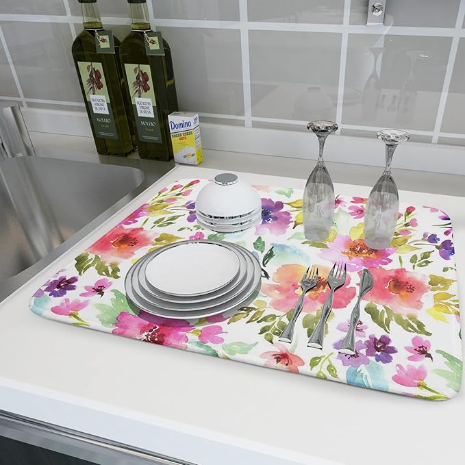 Spring Floral Dish Drying Mat for Kitchen Counter Flower Microfiber Absorbent