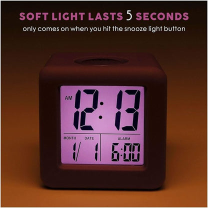 Plumeet Digital Alarm Clock for Kids with Snooze and Nightlight - Easy Setting Silicone Display Time, Date - Loud for Bedroom - Battery Powered (Purple)