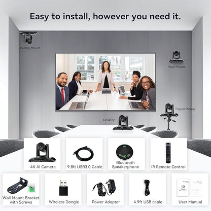 TONGVEO 4K Conference Room Camera System, AI Auto-Tracking PTZ Camera 5X