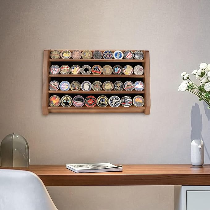 4 Rows Military Challenge Coin Holder Display Holds 32 Coins, Solid Wood Army Coin Rack Display Case Stand for Wall Mount or Tabletop, Walnut