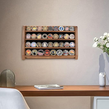 4 Rows Military Challenge Coin Holder Display Holds 32 Coins, Solid Wood Army Coin Rack Display Case Stand for Wall Mount or Tabletop, Walnut