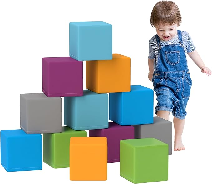 Soozier 12 Piece Soft Play Blocks Soft Foam Toy Building and Stacking Blocks Compliant Learning Toys for Toddler Baby Kids Preschool, Contemporary