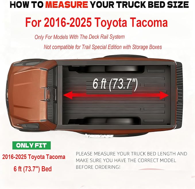 Soft Tri-Fold Truck Bed Tonneau Cover for 2016-2025 2026 Toyota Tacoma Fits 6FT Bed (73.7") | Only for Models with The Deck Rail System
