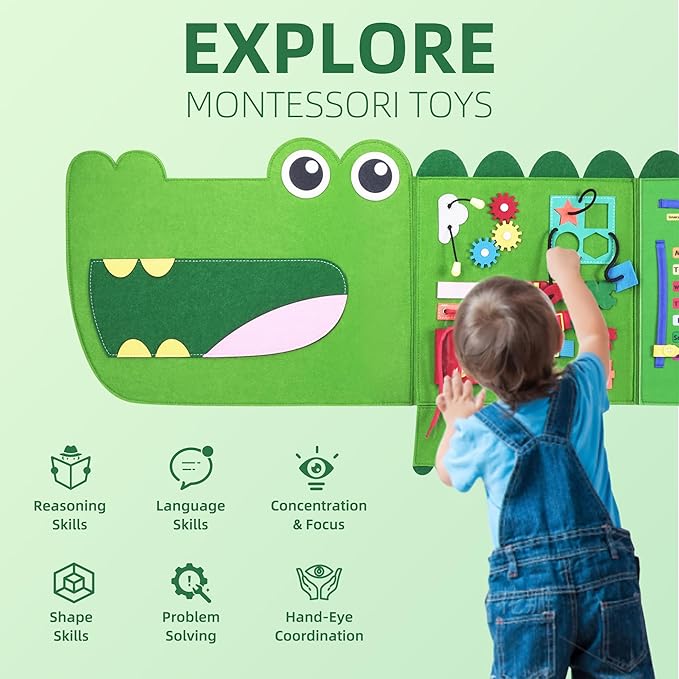 Crocodile Montessori Busy Board Toddler Busy Board, Foldable Montessoris Toys for 3+ Years Old, Activities Sensory Toys for Toddler Wall Panel