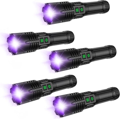 AdamStar UV&High Lumens Flashlight Rechargeable, 2-in-1 Powerful Blacklight LED Flashlight Tactical 6 Modes Super Bright Waterproof Zoomable Detector for Pet Urine Curing Resin Camping