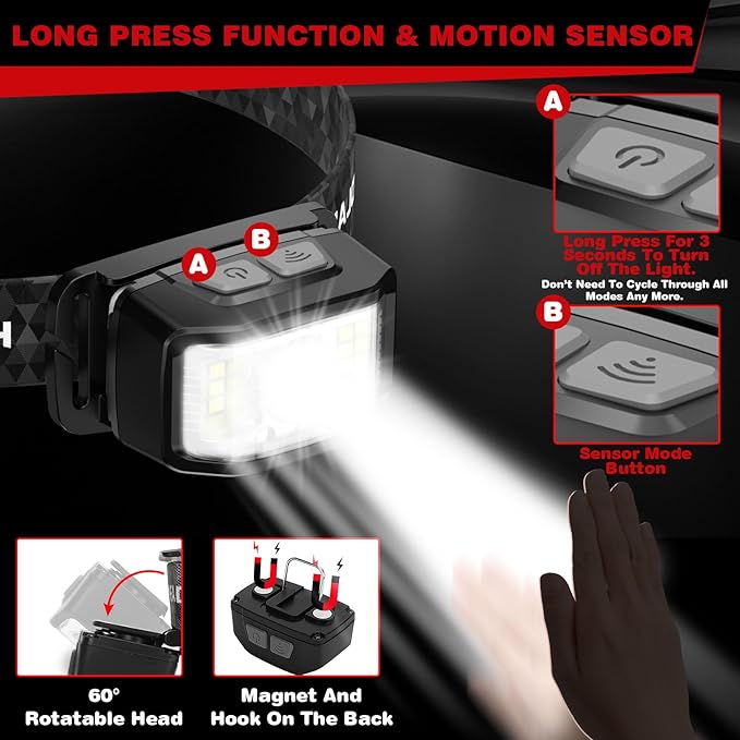 Headlamp Rechargeable,2 Pack 2000 Lumen Super Bright Led Headlamp,16 Modes Motion Sensor Head Lamp,Ipx6 Waterproof Lightweight Headlight,White Red Flashlight For Fishing Camping Hunting Essentials