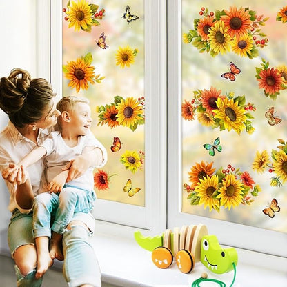 Sunflower Butterfly Window Clings Fall Window Decorations | Large-Size Clings for Glass Double-Sides Window Stickers for Glass Home Bedroom Nursery Room Windo Decals 44 Pcs in Total
