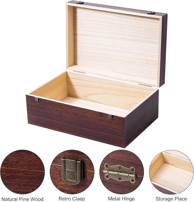 Wooden Storage Box with Hinged Lid and Front Clasp, 14''x9.4''x5.9'' Large Wood Storage Box, Wooden Boxes Wood Gift Boxes for Crafts Art Hobbies and Valentine's Day Decoration,Vintage Color