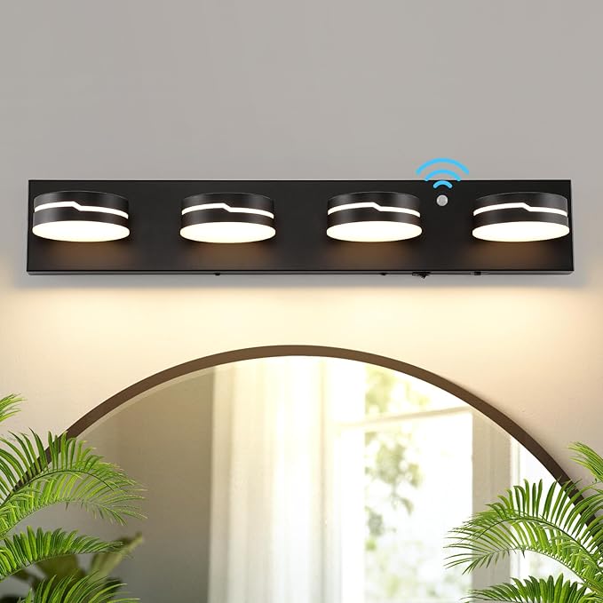26In Motion Sensor Vanity Light, Matte Black 3CCT 4-Light Modern LED Bathroom