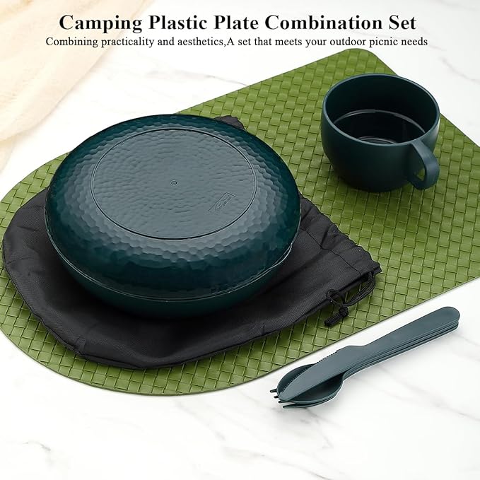 Berglander Camping Mess Kit with Bowl, Plate, Cup, Spoon, Fork, Knife and Carry Bag, Plastic Camping Accessories Essentials Gear for Travel, Camping, Picnic, Outdoor, Easy to Carry & Store