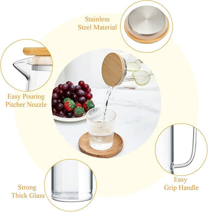 Hsei 2 Sets Glass Pitcher with Lid, 67.6 oz / 2000 ml Water Carafe with Handles