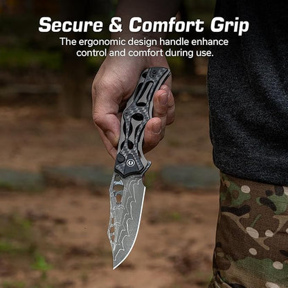 CIVIVI Pocket Knife for Men, Biophase Flipper Tactical Folding Knife, 3.48" Damascus Blade Aluminum with Carbon Fiber G-10 Handle, Lightweight Skeletonized EDC Knife for Camping Hunting, C23083C-DS1