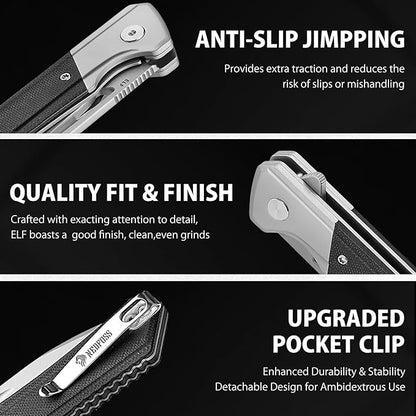 NedFoss ELF Pocket Knife, 3.3" D2 Blade EDC Knife with G10 Handle, Flipper Open, Deep Carry Pocket Clip, Lightweight Slim Utility Folding Knives for Men Women