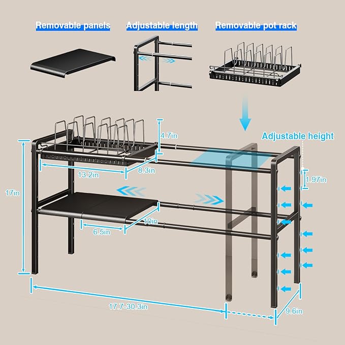 Mustorn Pots and Pans Organizer Under Cabinet, Expandable 2 Tier Under Sink