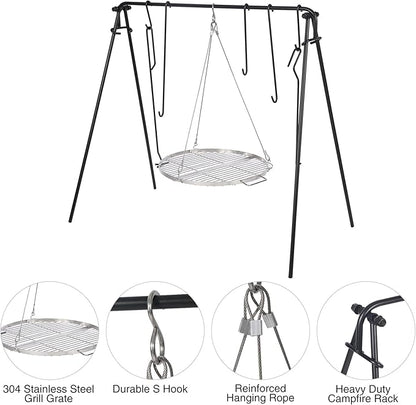 REDCAMP Swing Campfire Grill Stand - Collapsible Campfire Cooking Rack with 6 Hooks & Stainless Steel Grill Grate, Portable Dutch Oven Hanger for Outdoor Camping, Cookware, Bonfire, Round