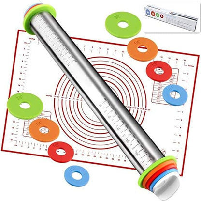 Rolling Pin with Adjustable Thickness Rings and Silicone Baking Pastry Mat Set