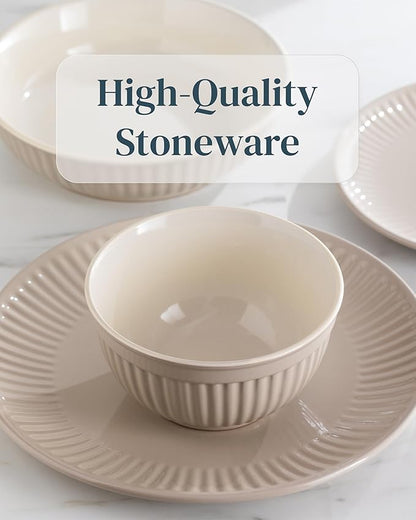 Stoneware Dinnerware Set for 8 People HYGGE 24-Piece - Elegant Scandi Design - Premium Dish Set - Bowl and Plate Set - Tableware for 8 People in a Ribbed Design - Pure Living in Light Brown