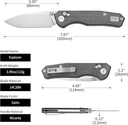 CMB Explorer Micarta Handle 14C28N Steel Blade Crossbar Lock Knife Pocket Folding Tactical Survival Camping Hiking Outdoors EDC Knife with Pocket Clip for Men Women CMB-18 (CMB-18C)