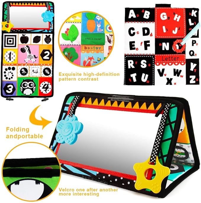 beetoy Tummy Time Baby Mirror Toys with Black and White Pattern, High Contrast 3D Activity Play Crinkle Toys Baby Mirror for Newborn 0 3 6 Months