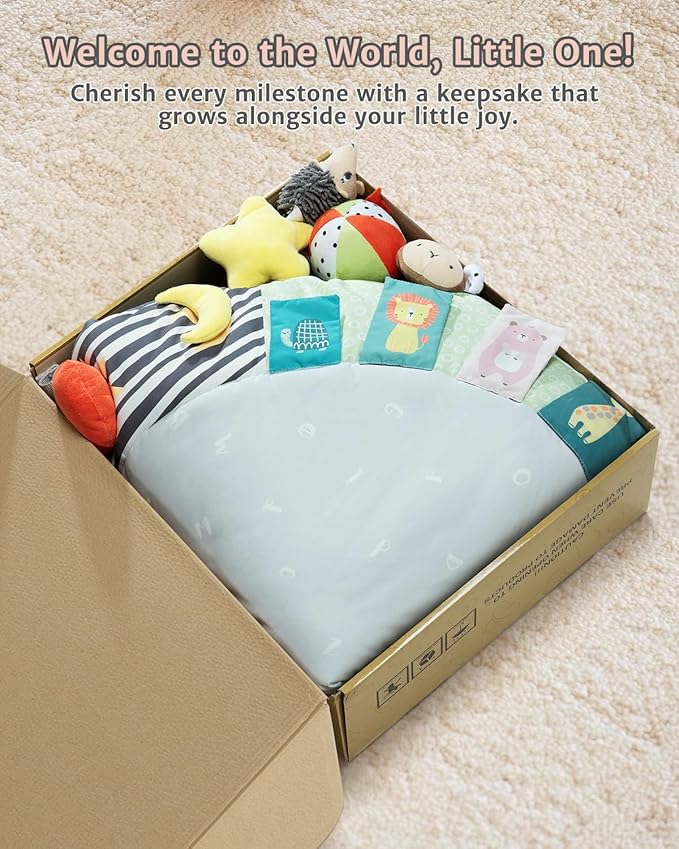 Baby Play Mat Activity Gym,6 Developmental Zones Tummy Time Mat, Foldable Wooden Baby Play Gym with 7 Detachable Sensory Toys for Newborn Brain Development, Essential Baby Shower Set