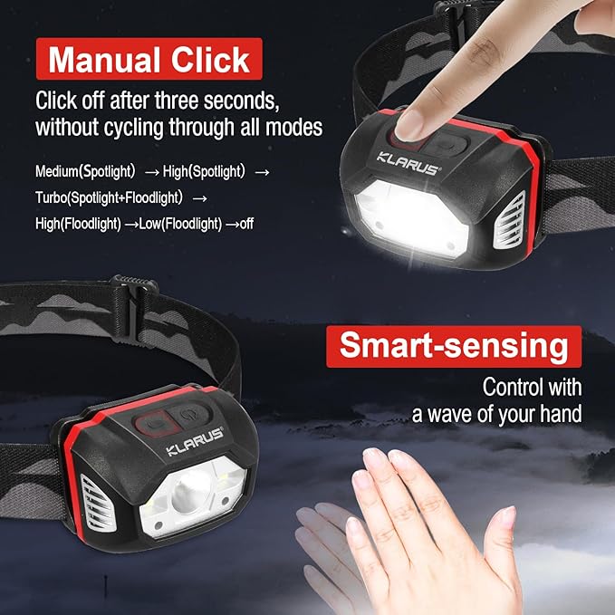 klarus HM1 IPX6 Waterproof Rechargeable Headlamp with Motion Sensor, 70 Hours Long Battery Life, Full Charge in 2.5 Hours, 440 Lumens Consistent Output, Shock and Drop Resistant